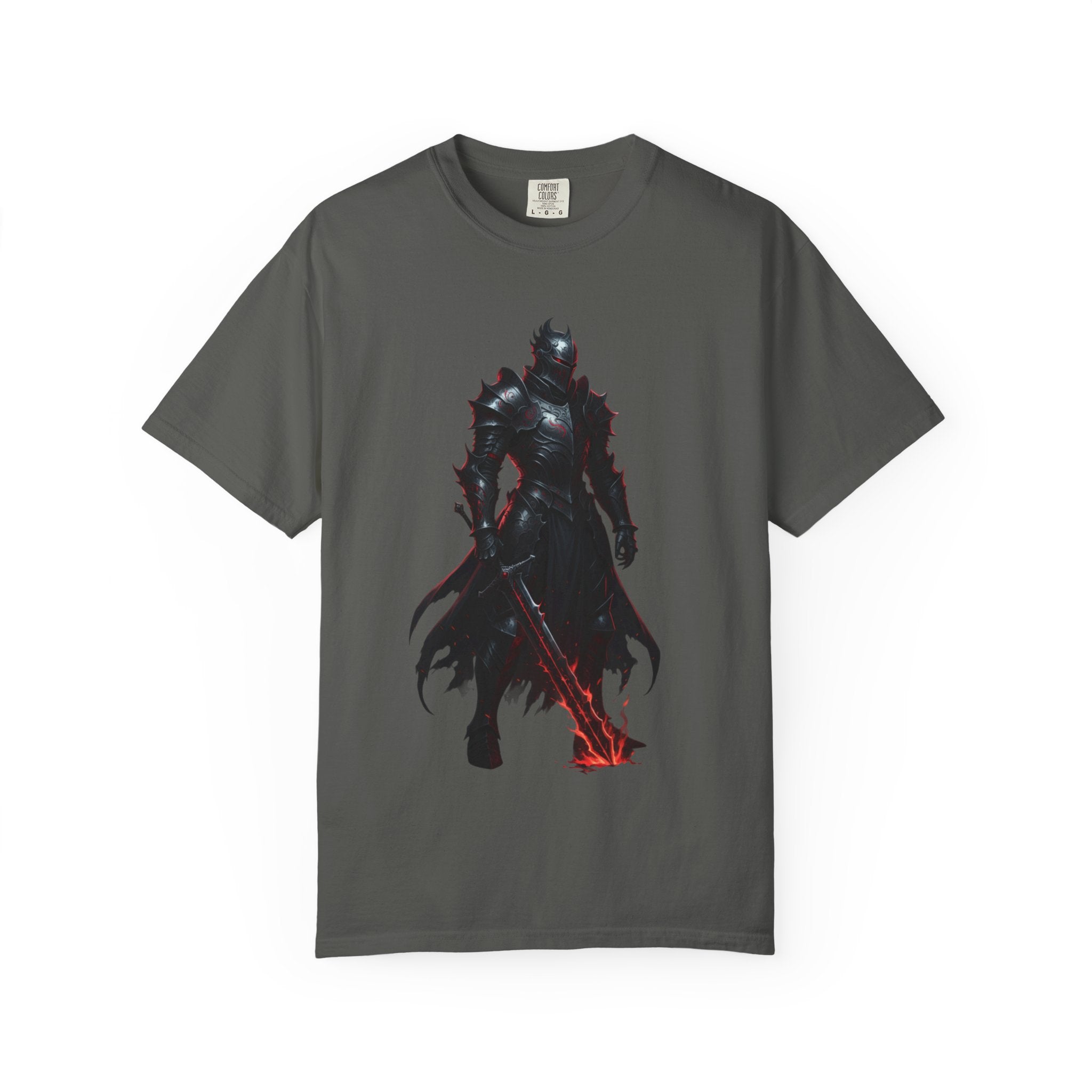 Dark Knight Fantasy T-Shirt — Armored Warrior with Flaming Sword